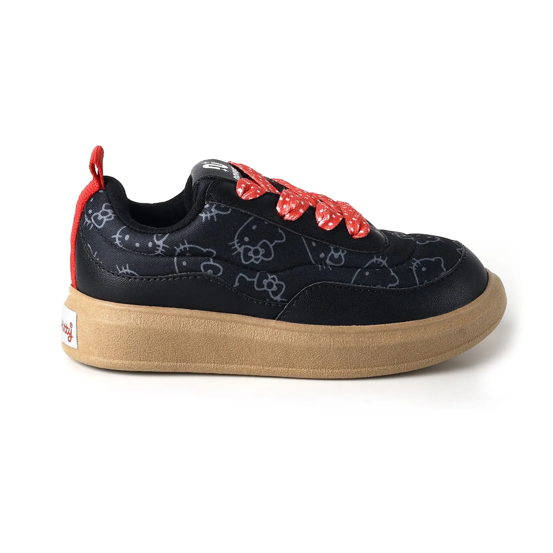 Tênis infantil Novopé Hello Kitty preto com detalhes em vermelho e solado marrom, design confortável para crianças